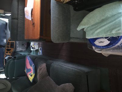 Lots of teal. Wash machine in its traveling spot.