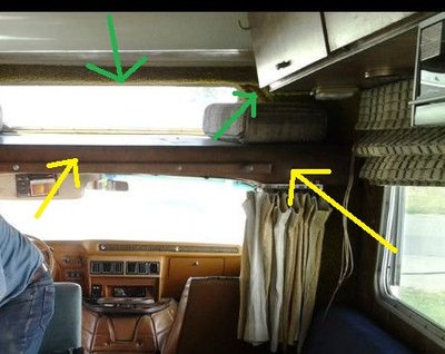 Brown vinyl in cabover bunk (top and bottom).  Green shag carpet--all over!