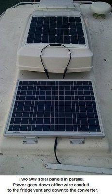 Two 50W solar panels mounted on top middle roof layer